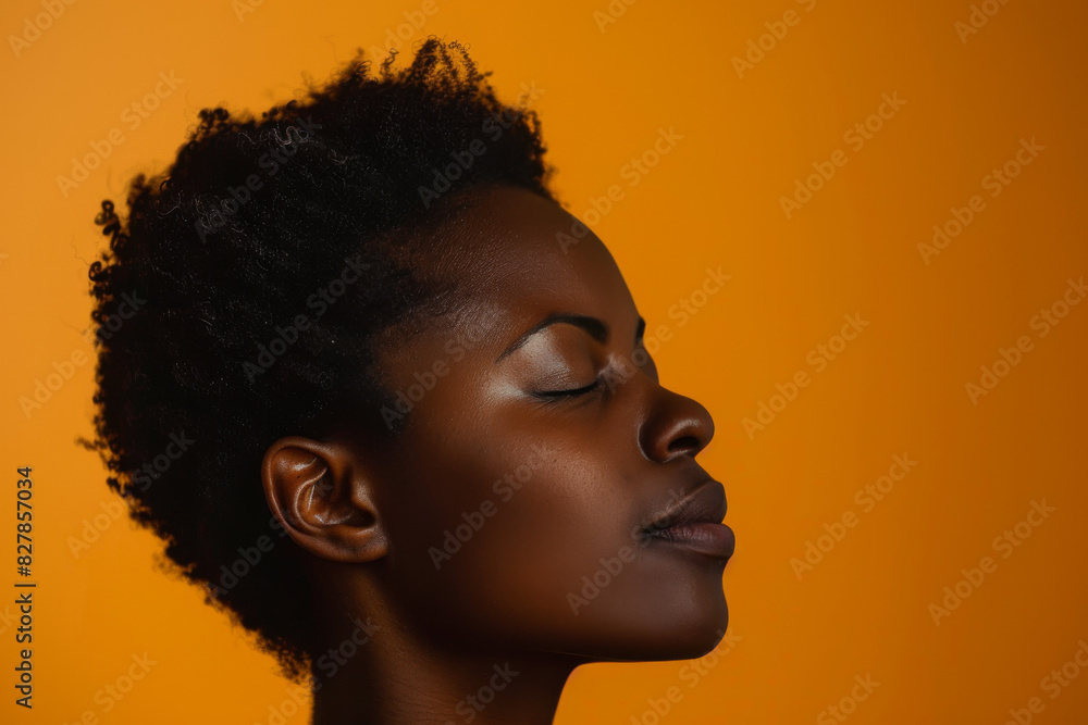 A close up of a black woman's face with her eyes closed looking to a side A close up of a black woman's face with her eyes closed looking to a side