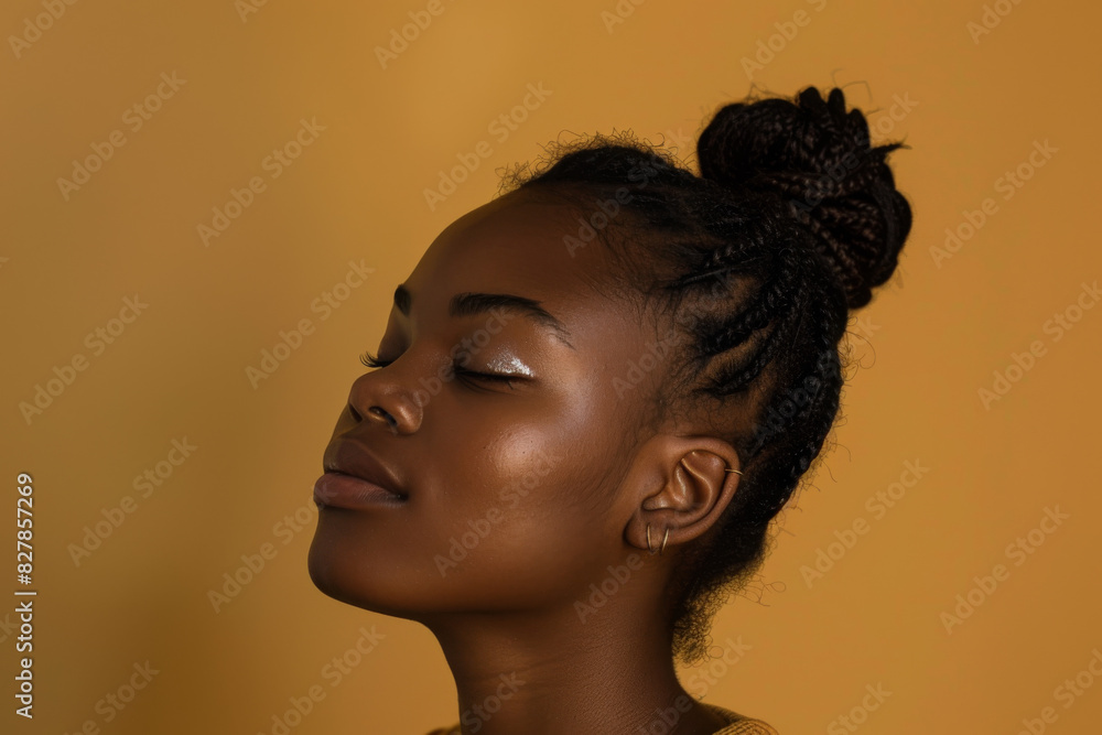 A close up of a black woman's face with her eyes closed looking to a side A close up of a black woman's face with her eyes closed looking to a side