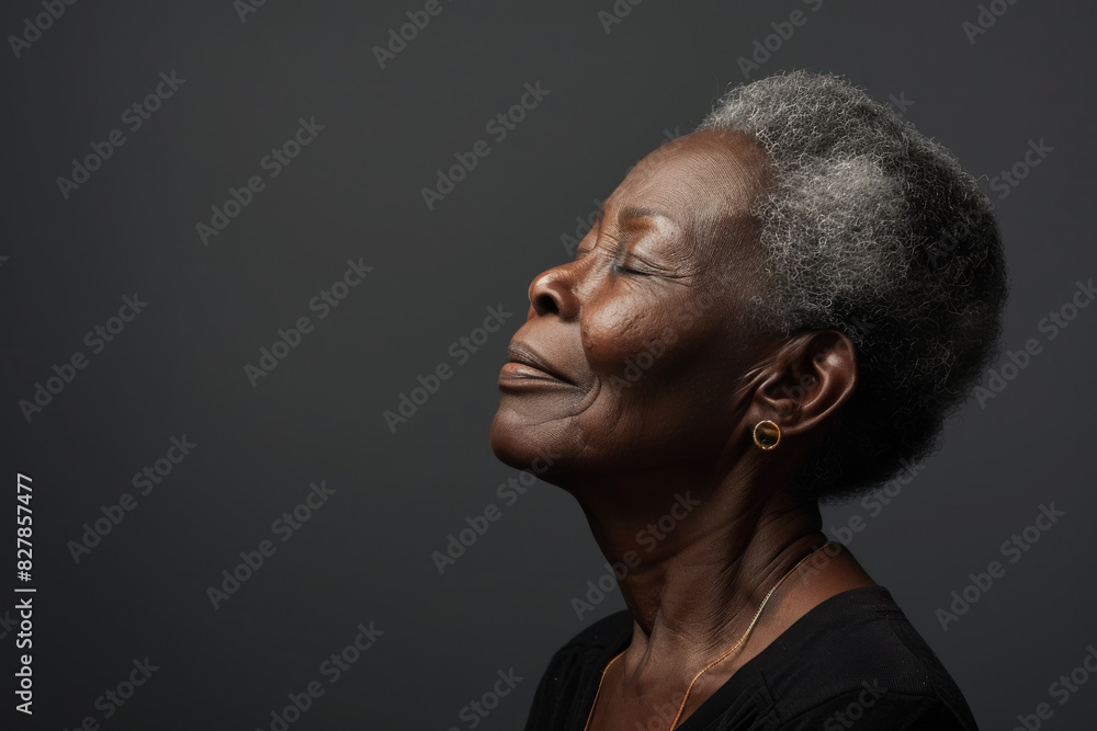 Obraz premium A close up of a black woman's face with her eyes closed looking to a side