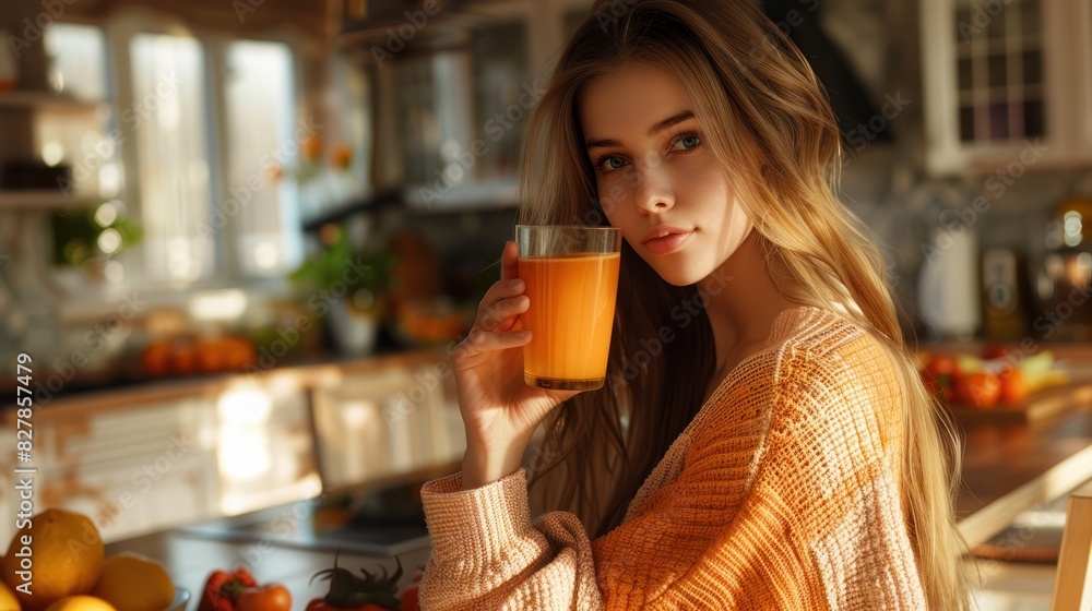 A woman with long hair and an orange sweater is drinking a glass of orange juice in a kitchen. A woman with long hair and an orange sweater is drinking a glass of orange juice in a kitchen.