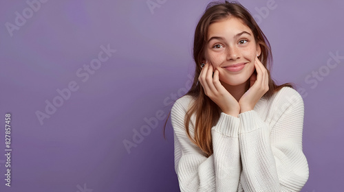 Cheerful Caucasian girl keeps hands together near face, looks positively aside, has no make up, healthy skin, wears white sweater, stands over purple background with blank space for your promotion © Areesha