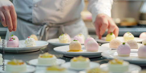 In a busy kitchen, a chef meticulously plates a delicate array of pastel-colored desserts, each one perfectly crafted and ready to be devoured 