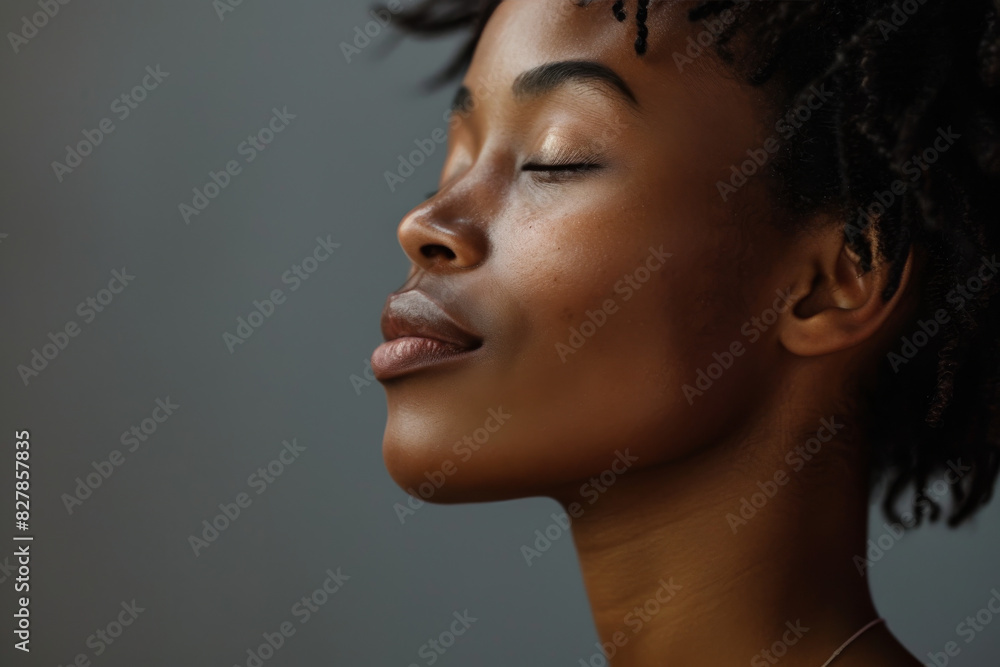 A close up of a black woman's face with her eyes closed looking to a side A close up of a black woman's face with her eyes closed looking to a side