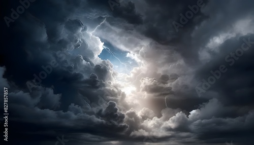 A dramatic sky with dark, stormy clouds pierced by a burst of sunlight, creating a striking contrast between light and dark.
