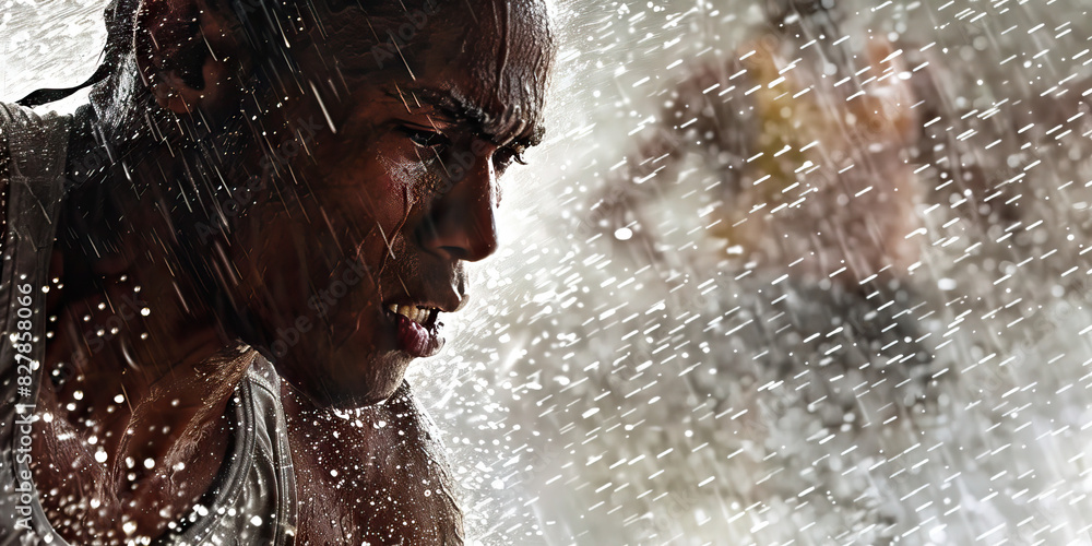 Fototapeta premium Perseverance in the Rain - A resolute athlete powers through a rainstorm, unfazed by the moisture as it strikes their determined face
