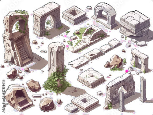 Vector Game Assets of Ancient Stone Ruins With different architectural fragments such as arches, pillars, and steps.