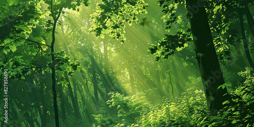 Idyllic Green Forest: A Lush and Peaceful Sanctuary Bathed in Dappled Sunlight