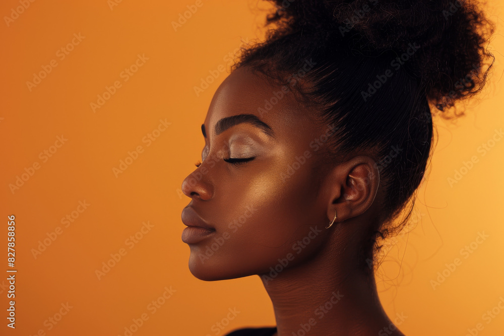 A close up of a black woman's face with her eyes closed looking to a side A close up of a black woman's face with her eyes closed looking to a side