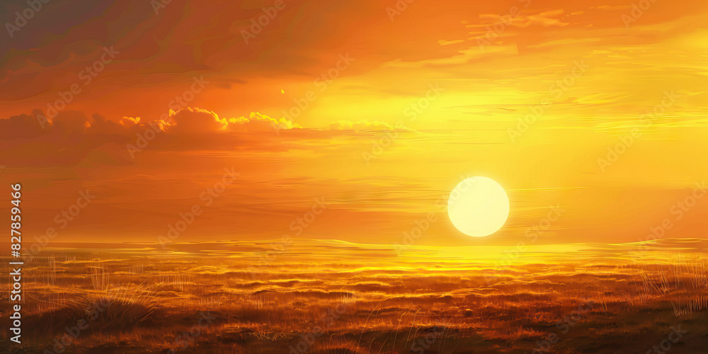 A warm golden sun dips below the horizon painting a beautiful sunset.