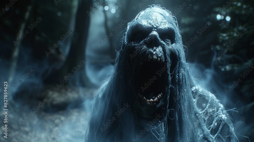 Halloween horror scene featuring a white undead ghost screaming. in a ambient dark and terror Halloween horror scene featuring a white undead ghost screaming. in a ambient dark and terror
