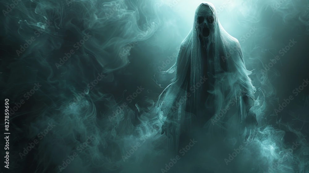 Halloween horror scene featuring a white undead ghost screaming. in a ambient dark and terror Halloween horror scene featuring a white undead ghost screaming. in a ambient dark and terror
