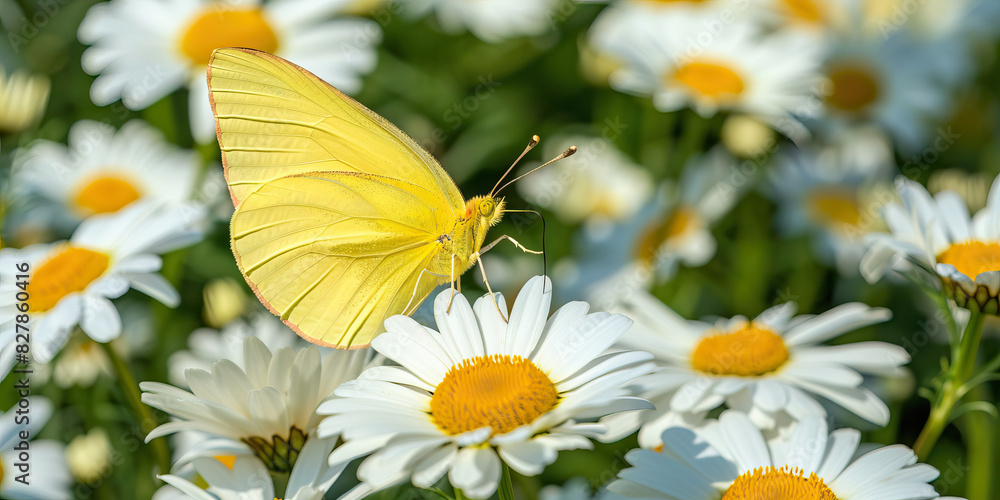 A soft yellow butterfly flutters gracefully past a field of daisies, their bright petals shimmering in the summer sun A soft yellow butterfly flutters gracefully past a field of daisies, their bright petals shimmering in the summer sun
