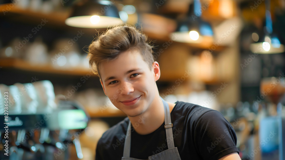 Happy smiling handsome young barista or waiter man, restaurant or cafeteria business male employee worker wearing apron, making or preparing coffee, barkeeper, barman, bartender boy Happy smiling handsome young barista or waiter man, restaurant or cafeteria business male employee worker wearing apron, making or preparing coffee, barkeeper, barman, bartender boy