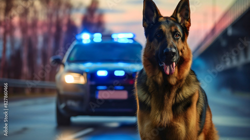 Trained K9 German Shepherd police guard dog closeup portrait, security service animal, safety and protection, narcotics inspection, copy space photo