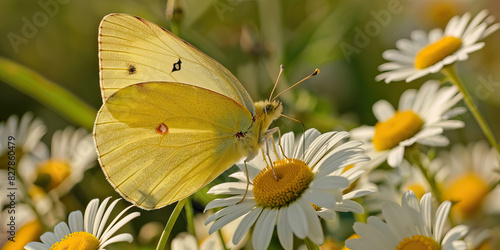 A soft yellow butterfly flutters gracefully past a field of daisies, their bright petals shimmering in the summer sun © Lila Patel