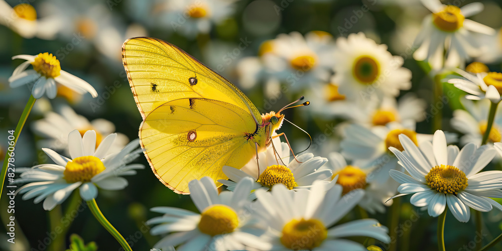 A soft yellow butterfly flutters gracefully past a field of daisies, their bright petals shimmering in the summer sun A soft yellow butterfly flutters gracefully past a field of daisies, their bright petals shimmering in the summer sun