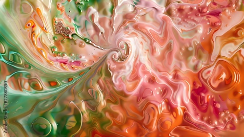 Swirling mix of pink, green, and orange on a glossy background.