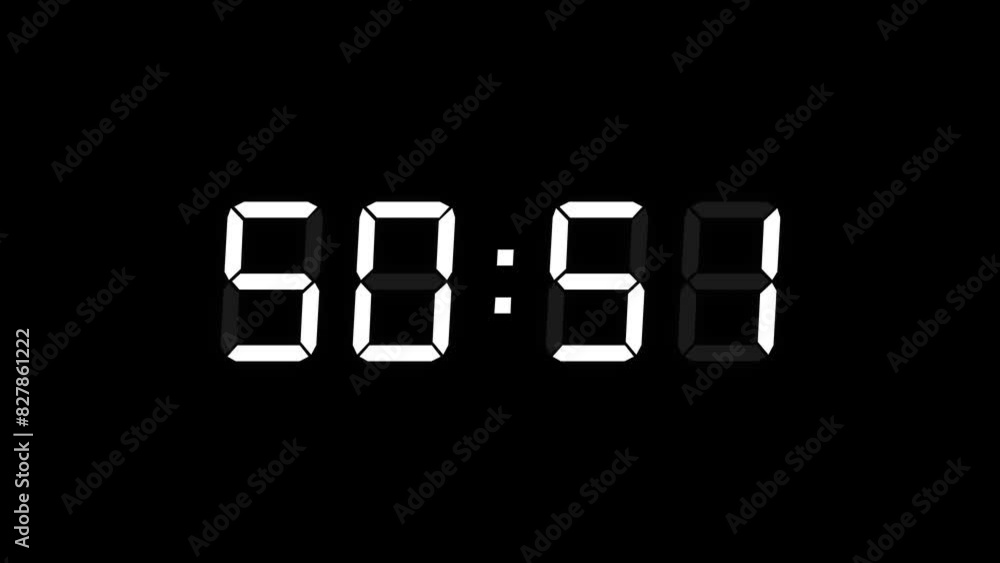Matte White Digital Countdown Timer Starting at 55:00 (55 seconds) on Black Background, Featuring High-Visibility LED Display. 4K Motion Graphics Matte White Digital Countdown Timer Starting at 55:00 (55 seconds) on Black Background, Featuring High-Visibility LED Display. 4K Motion Graphics