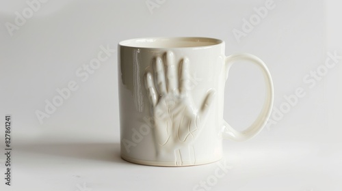White Cup Mug Featuring Hand Print Design on White Background