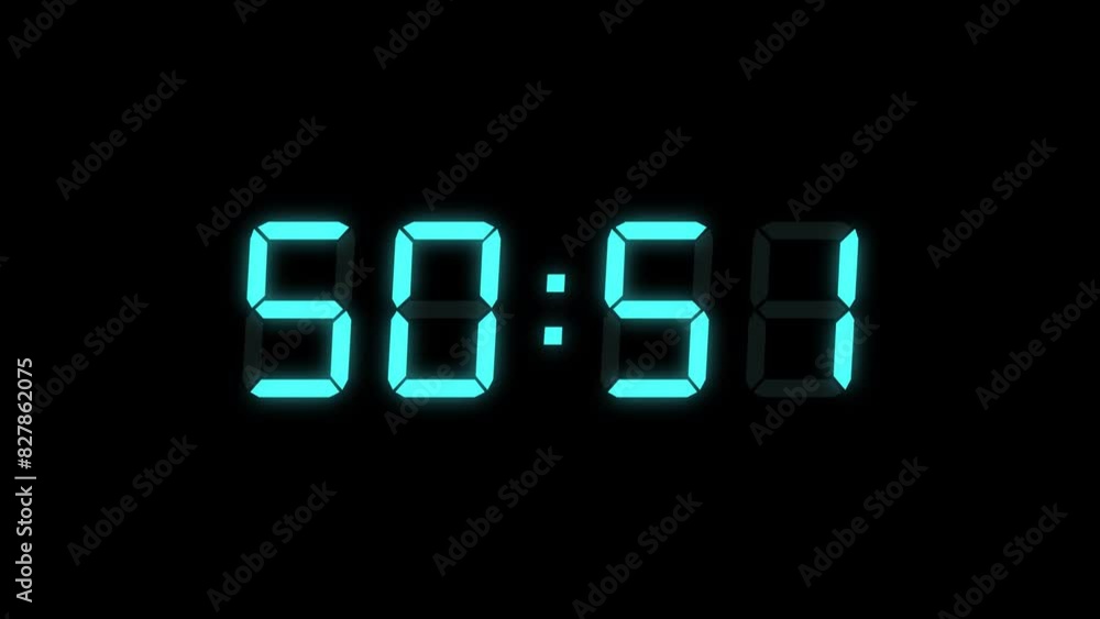 Turquoise Digital Countdown Timer Starting at 55:00 (55 seconds) on Black Background, Featuring High-Visibility LED Display. 4K Motion Graphics Turquoise Digital Countdown Timer Starting at 55:00 (55 seconds) on Black Background, Featuring High-Visibility LED Display. 4K Motion Graphics