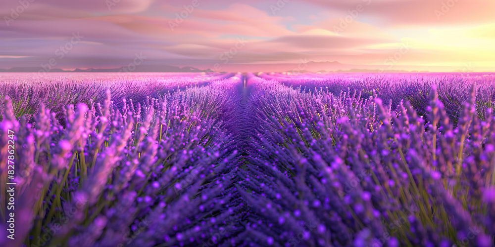 Obraz premium An ethereal lavender field stretches as far as the eye can see, inviting one to escape into a tranquil daydream