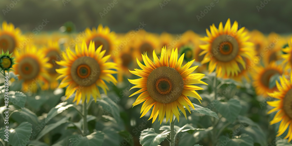 Fototapeta premium A field of sunflowers, their heads nodding in unison, stretch as far as the eye can see, beckoning onlookers to lose themselves in their golden glow.