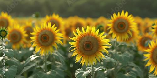 A field of sunflowers  their heads nodding in unison  stretch as far as the eye can see  beckoning onlookers to lose themselves in their golden glow.