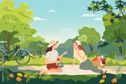 Young women at picnic in the park. Happy girls spend time together on lawn outdoors. Friends relaxing and support each other on summer vacation. Flat vector illustration. Landscape with city garden