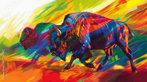 Two bison buffalo cow wildlife animals abstract colorful art illustration. Prairie wilderness brown beast with horns