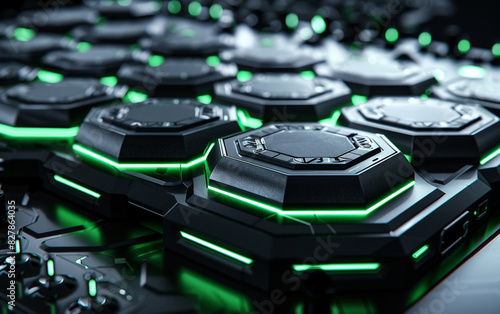 50 hexagonal digital drum pads in sleek matte black, complemented by intricate Green neon light details and captivating depth-of-field background.