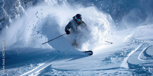 On a snow-covered mountain slope, a skier carves perfect arcs down the powdery snow, feeling the thrill of the descent
