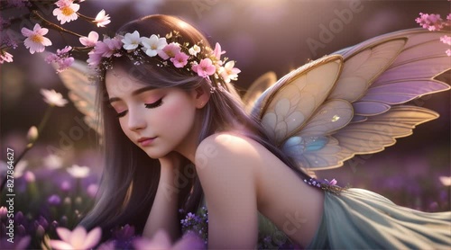 花畑で眠そうな妖精