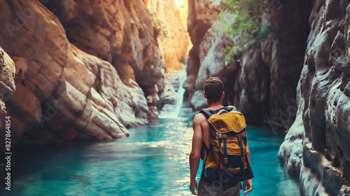 Back rearview of young man with backpack standing in canyon river water surrounded by tall rock formations. Summer tourism adventure with cliff mountains, nature valley, copy space photo
