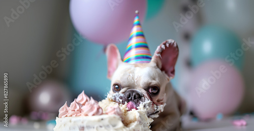 Creative food animal template. A greedy messy French bulldog with party hat covered in frosting cream eating a huge birthday vanilla cake in pastel balloon room, banner, wallpaper. copy text space photo