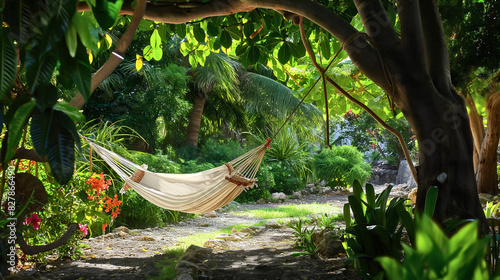 Hammock swing hanging on trees in tropical green nature environment surrounded by exotic leaves and plants. Paradise holiday relaxation, comfortable resort, island dream, peace, calm © Nemanja