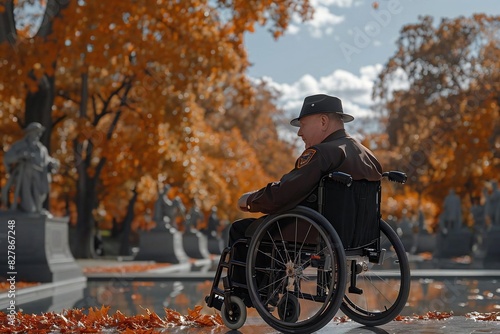 Seated rear view photo of a mature male Caucasian veteran proudly using his wheelchair at the memorial