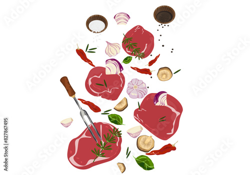 Food illustrations of fresh meat and fresh vegetables scattered in the air Use for cooking steak and grilling vector cartoon illustration for butcher shop or steak shop menu.