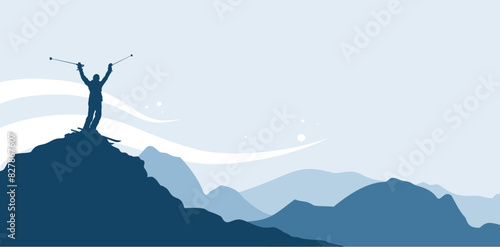 Silhouette of a skier standing on the top of the mountain  skiing - banner  background with empy space