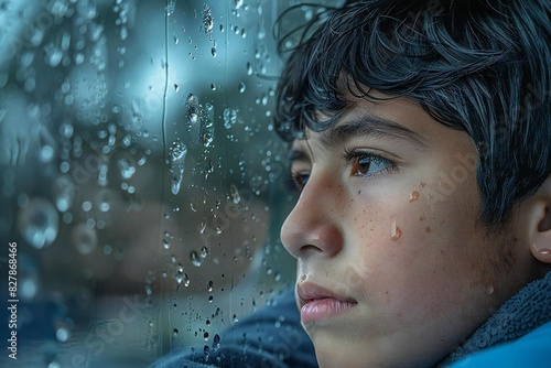 Side view photo of male Hispanic student staring out rainy window, looking contemplative and thoughtful at school.