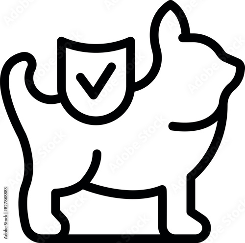 Minimalist line icon of a cat with a protective shield symbolizing safety and security
