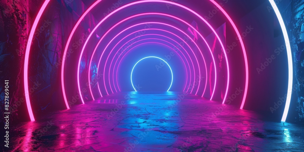 Background of an empty dark room with a concrete floor, multicolored neon circles in the center, neon light and multi-colored smoke. High quality photo Background of an empty dark room with a concrete floor, multicolored neon circles in the center, neon light and multi-colored smoke. High quality photo