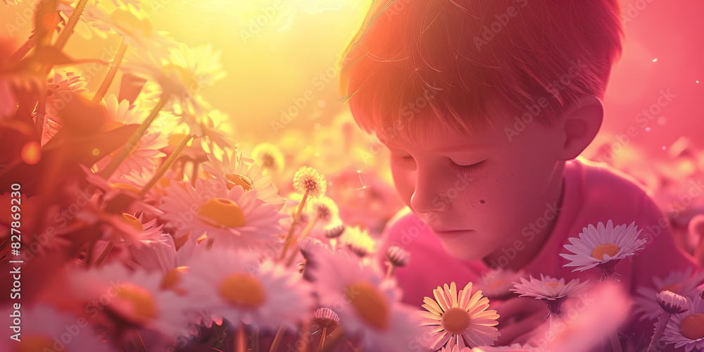 A vibrant pink sunrise bathes a young boy as he plays in a garden filled with daisies and dandelions A vibrant pink sunrise bathes a young boy as he plays in a garden filled with daisies and dandelions