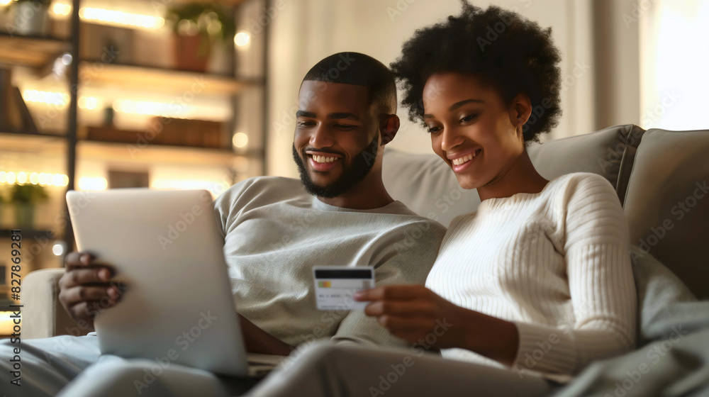 Young married couple, husband and wife, African American man and woman holding credit card and laptop for online shopping, sitting together on sofa couch, e-commerce purchase paying buying and smiling Young married couple, husband and wife, African American man and woman holding credit card and laptop for online shopping, sitting together on sofa couch, e-commerce purchase paying buying and smiling
