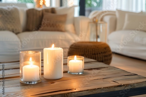 Candles and glass jars on the coffee table in front, creating an inviting atmosphere with soft lighting. spa aromatherapy candles background. wooden tables, and the atmosphere is lit by candles