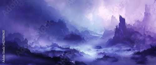 Layers of dense purple fog engulfing a mysterious landscape, with hints of vivid blue peeking through the haze. photo