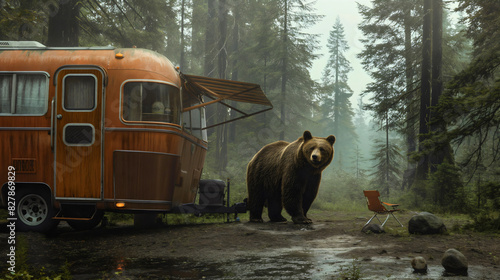 Big black brown bear animal in forest nature wilderness next to the retro vintage RV caravan motorhome camper travel trailer.