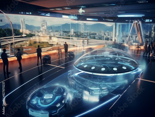 A futuristic Silicon Valley test track with autonomous vehicles navigating seamlessly. Engineers monitoring the vehicles from a high-tech control center, surrounded by screens and data feeds. photo