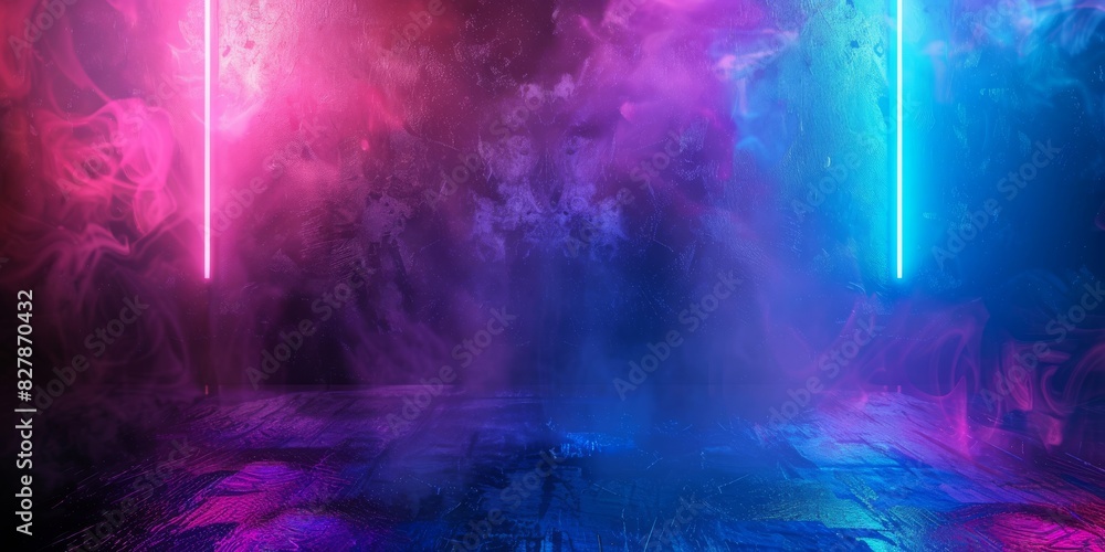Fototapeta premium Futuristic Sci-Fi Abstract Blue And Purple Neon Light Shapes On Black Background And Reflective Concrete With Empty Space For Text 3D Rendering Illustration. High quality photo