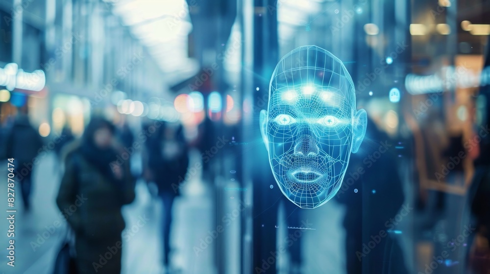 A security camera capturing a persons facial features and running it through a biometric recognition software used for monitoring in a busy public area. A security camera capturing a persons facial features and running it through a biometric recognition software used for monitoring in a busy public area.