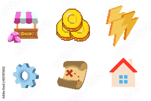 Set of pixel icons. Game development, mobile app. Isolated vector illustration